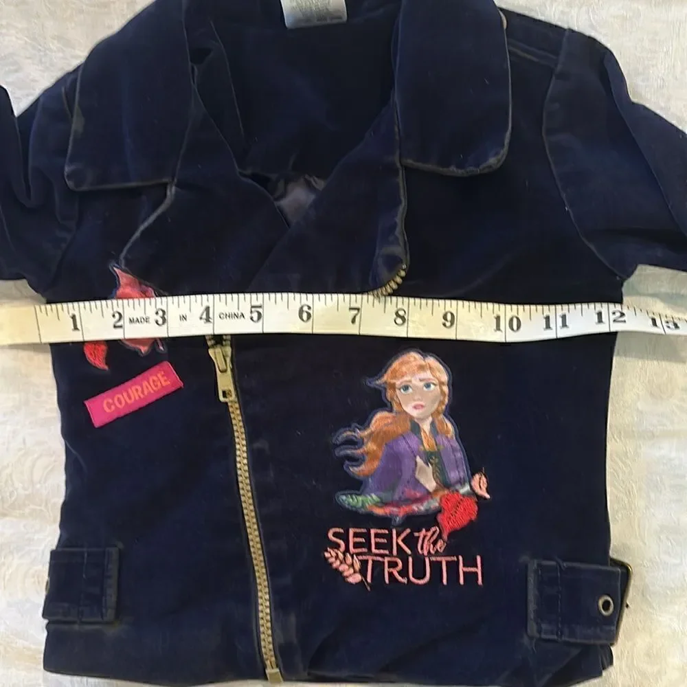 Disney Frozen II Girls Biker Jacket Velvet Elsa Size 3T Navy Blue